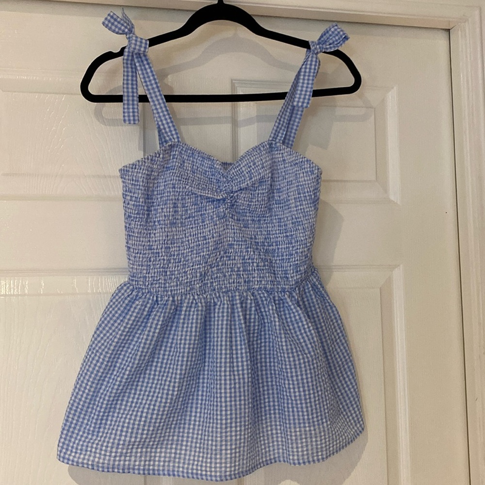 Unique Vintage Blue & White Gingham Seersucker Bitsy Peplum Top